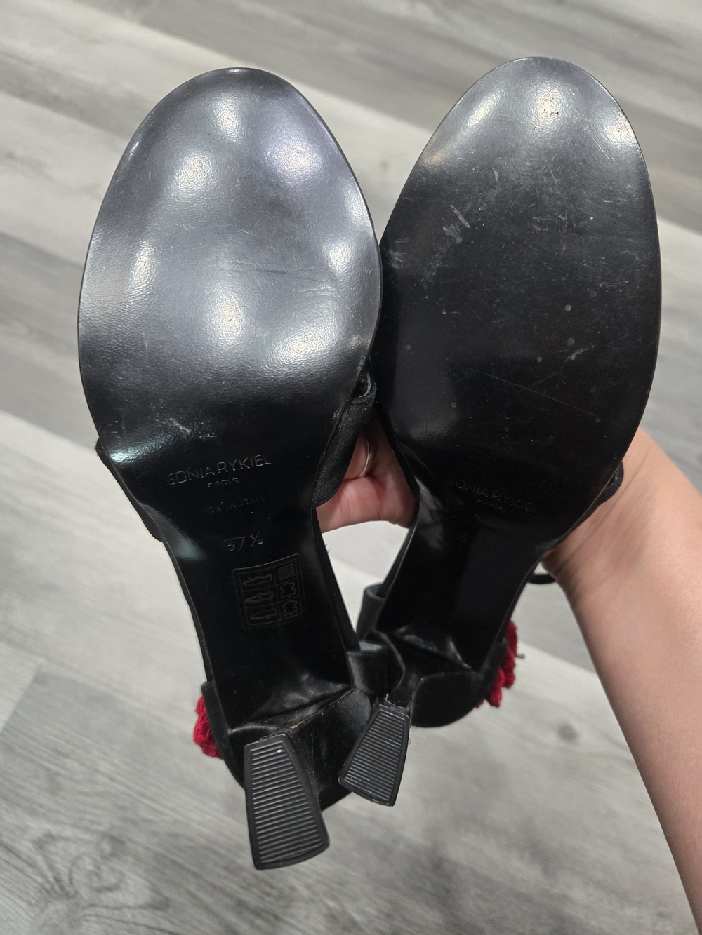 Sonia Rykiel Black Satin Heels with Red Floral Accent - Picture 8 of 8